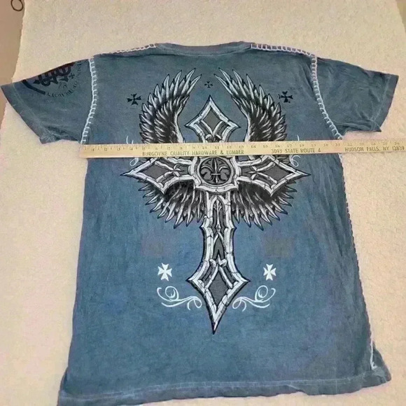 Raw State XL T-shirt Men's Blue Grunge Y2k Punk Cross Wings Vengeance Rock Metal - Picture 9 of 14